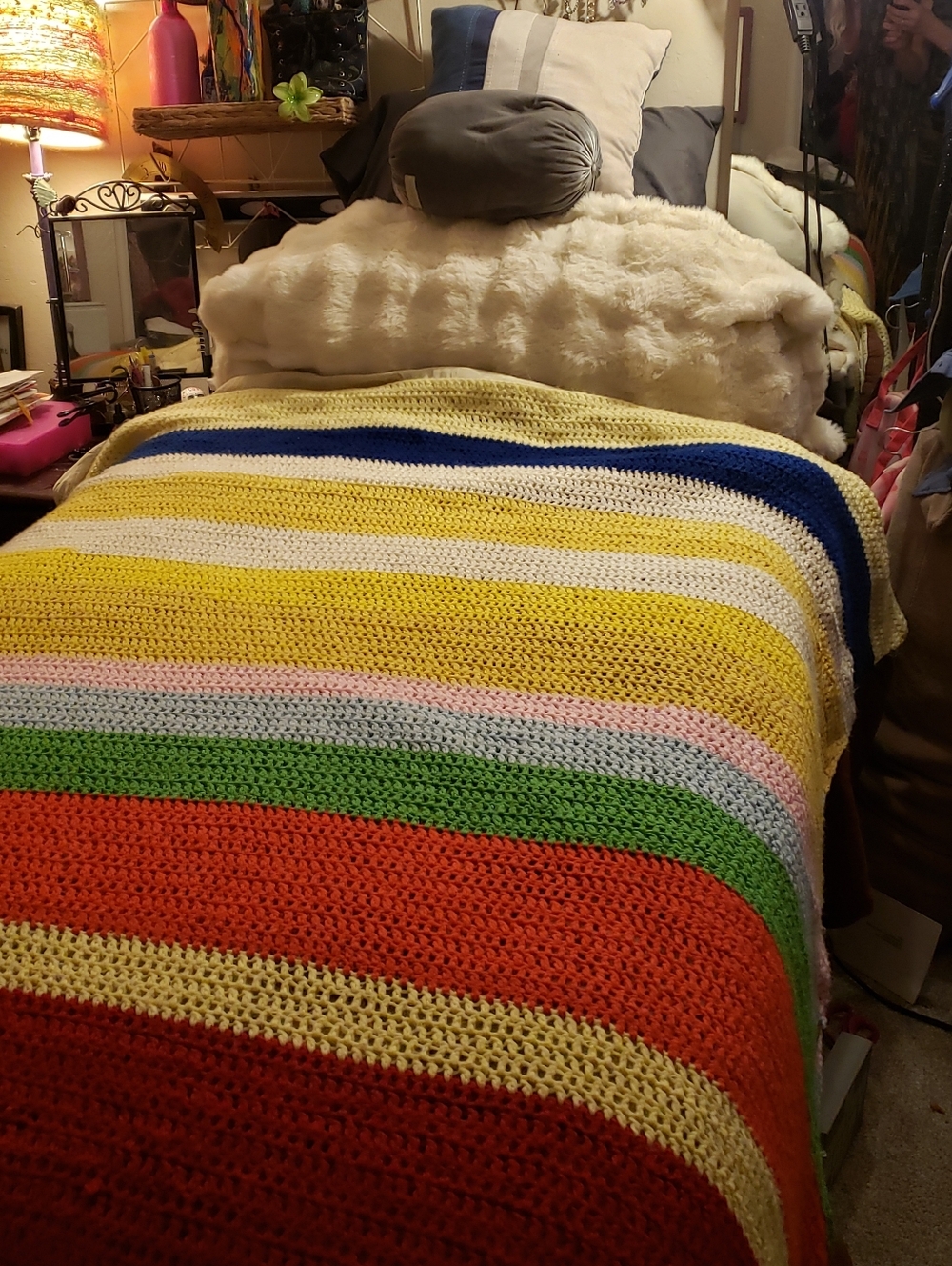Vintage Grandmacore Fully Handmade Crochet Huge Colorful Striped Afghan Blanket